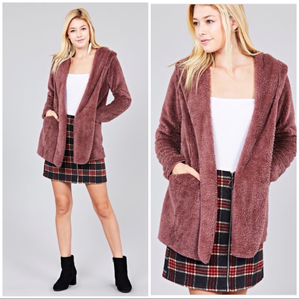 CLEARANCE ‼️Dark Mauve OPEN-FRONT FAUX FUR- Hoodie